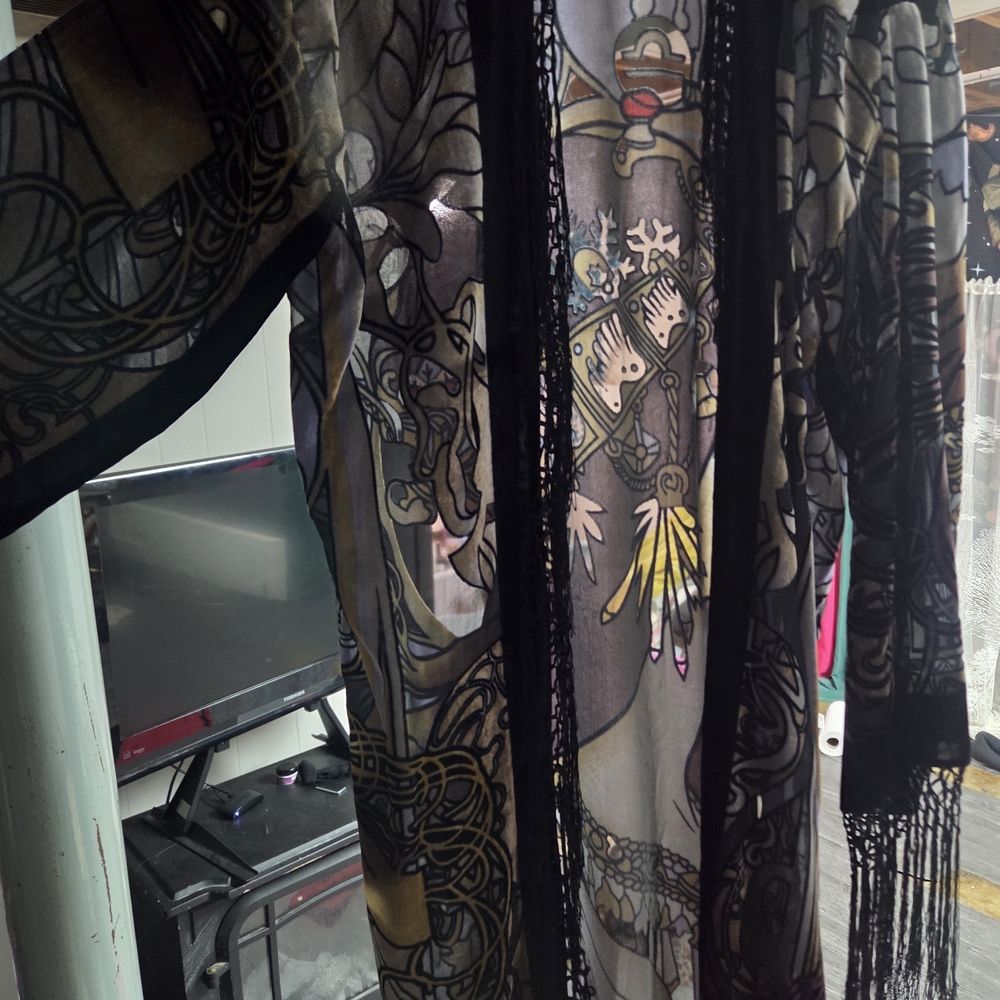 Sheer Bohemian Fringe Kimono - Black & Olive Print